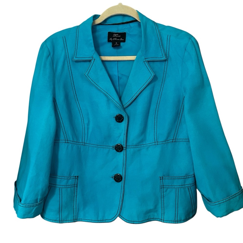 Trenz by Theresa Renz Linen Blend Jacket Blazer Pockets Lined Teal Size 14